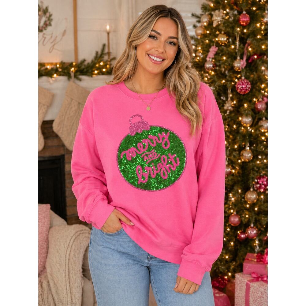 NEW Keep‎ It Gypsy Hot Pink Merry & Bright Sweatshirt Christmas Graphic Pullover